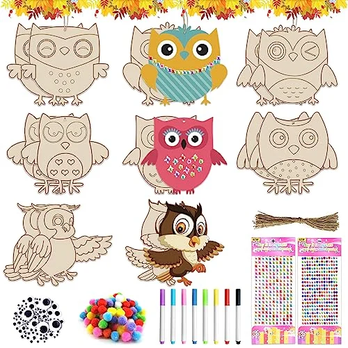 Owl craft set children, 227 pieces wooden owl craft, owl craft sets for Thanksgiving painting decoration