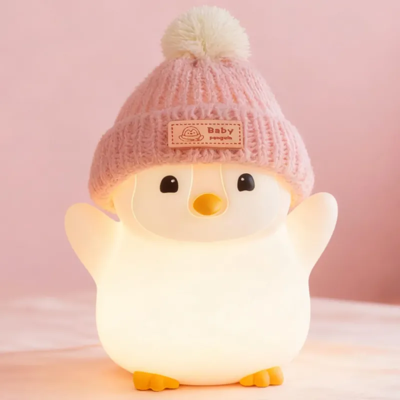 Penguin Night Light Kids, Cute Pink Penguin Lamp with Knitted Hat