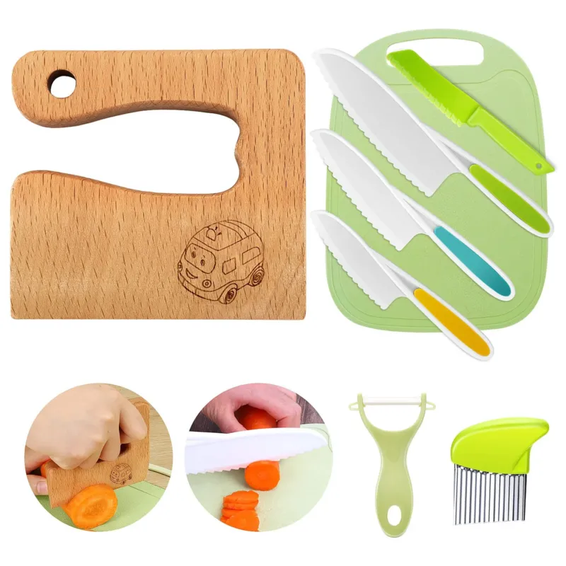 Children's knife 9-piece children's kitchen knife set for cutting and cooking fruit or vegetables for small children, safety wooden knife-cutting board-peeling knife