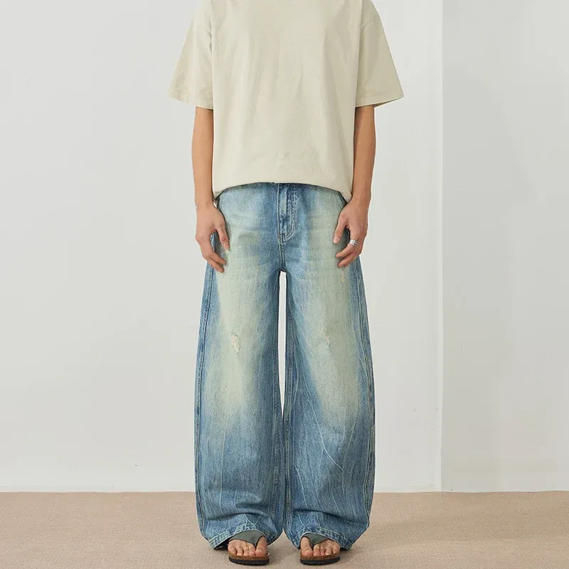 Herren Ultraweite Stonewashed Baggy-Jeans im bodenlangen Palazzoschnitt mit Used‑Effekt Echo Archiv