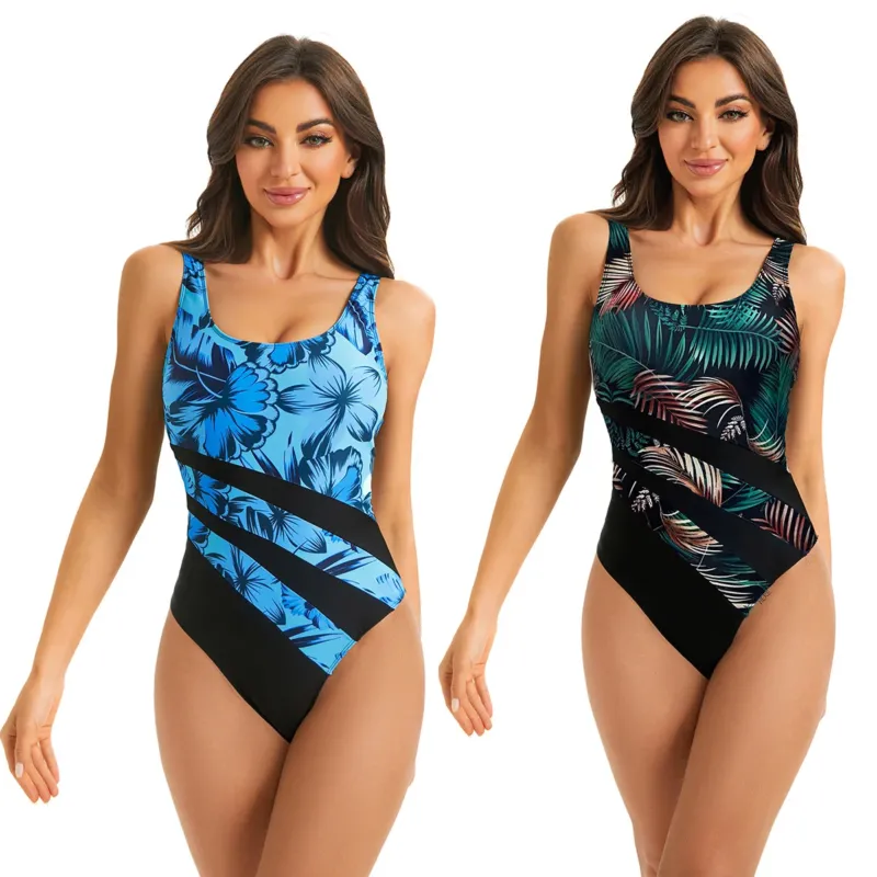 Damen Sportlicher Einteiler Badeanzug mit floralem Muster und grafischen Akzenten – Maréssa