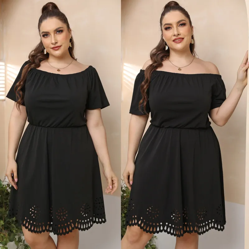 Damen Off-Shoulder Kleid mit dekorativem Lochmuster – Élara