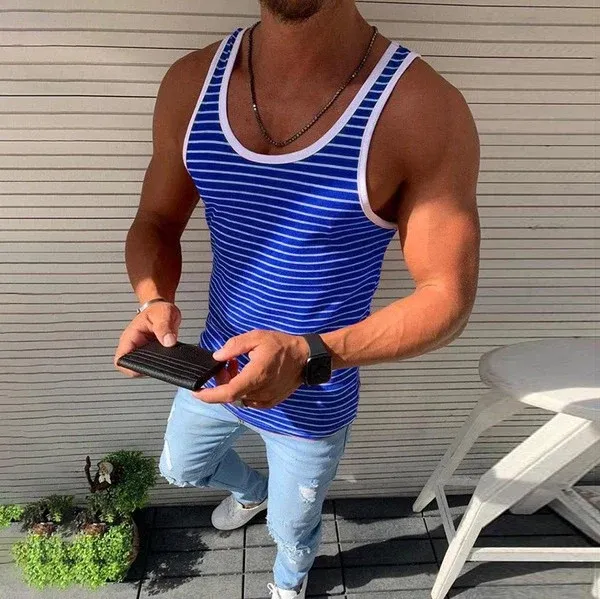 Herren Sportliches Muscle-Shirt mit breiten Trägern und Streifenmuster – Marzano