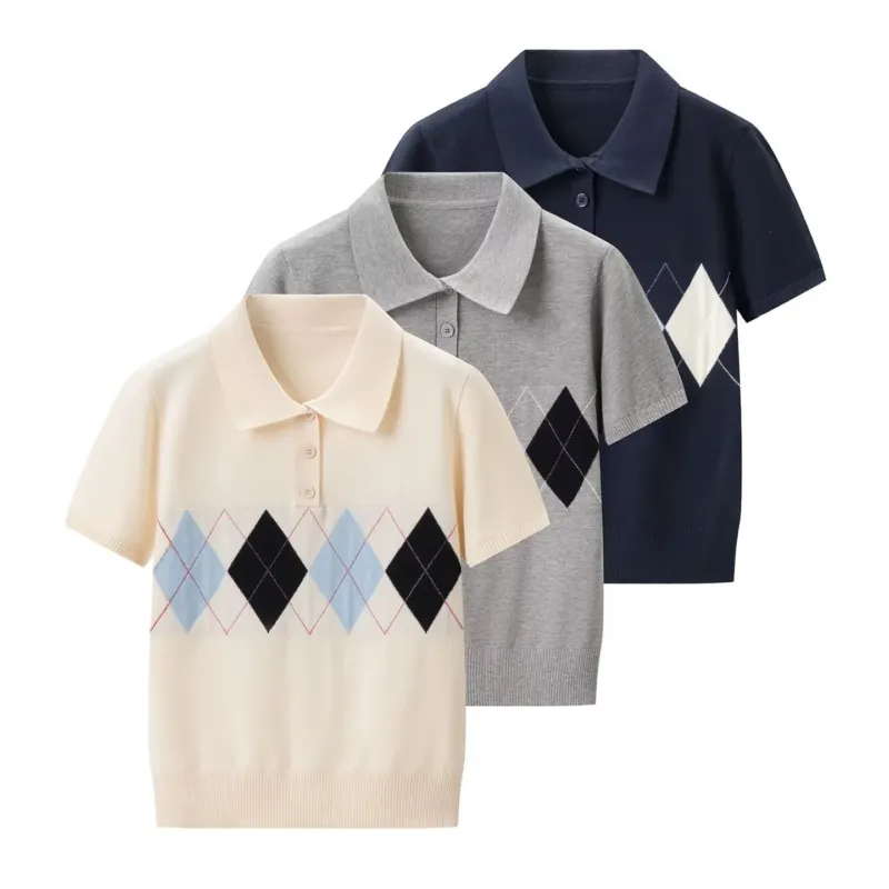 Damen Poloshirt mit modernem Rautenmuster und feinem Baumwollstoff – Avérine