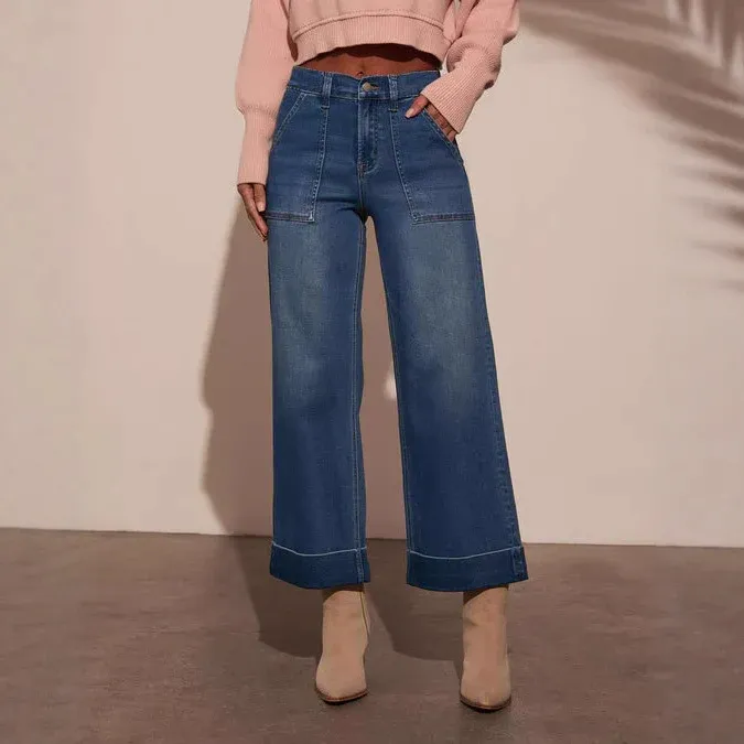 Damen weit geschnittene Denim-Hose mit hohem Bund – Dénora